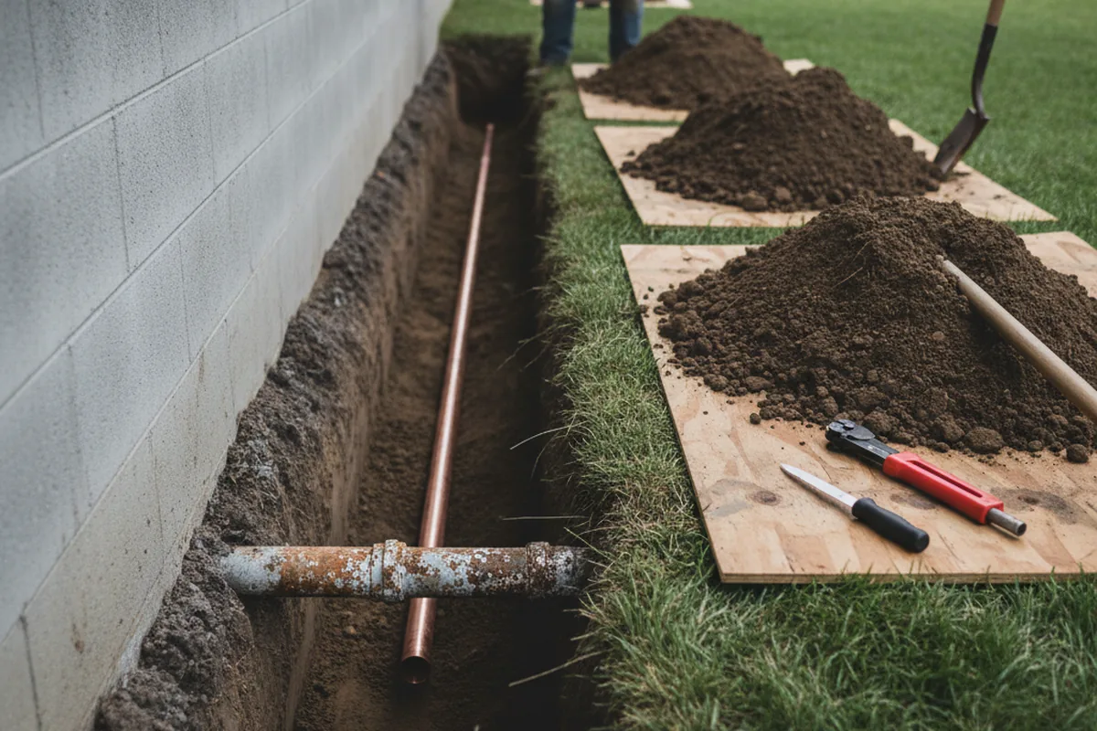 Excavated water line trench during Sewer Line Repair in Walling